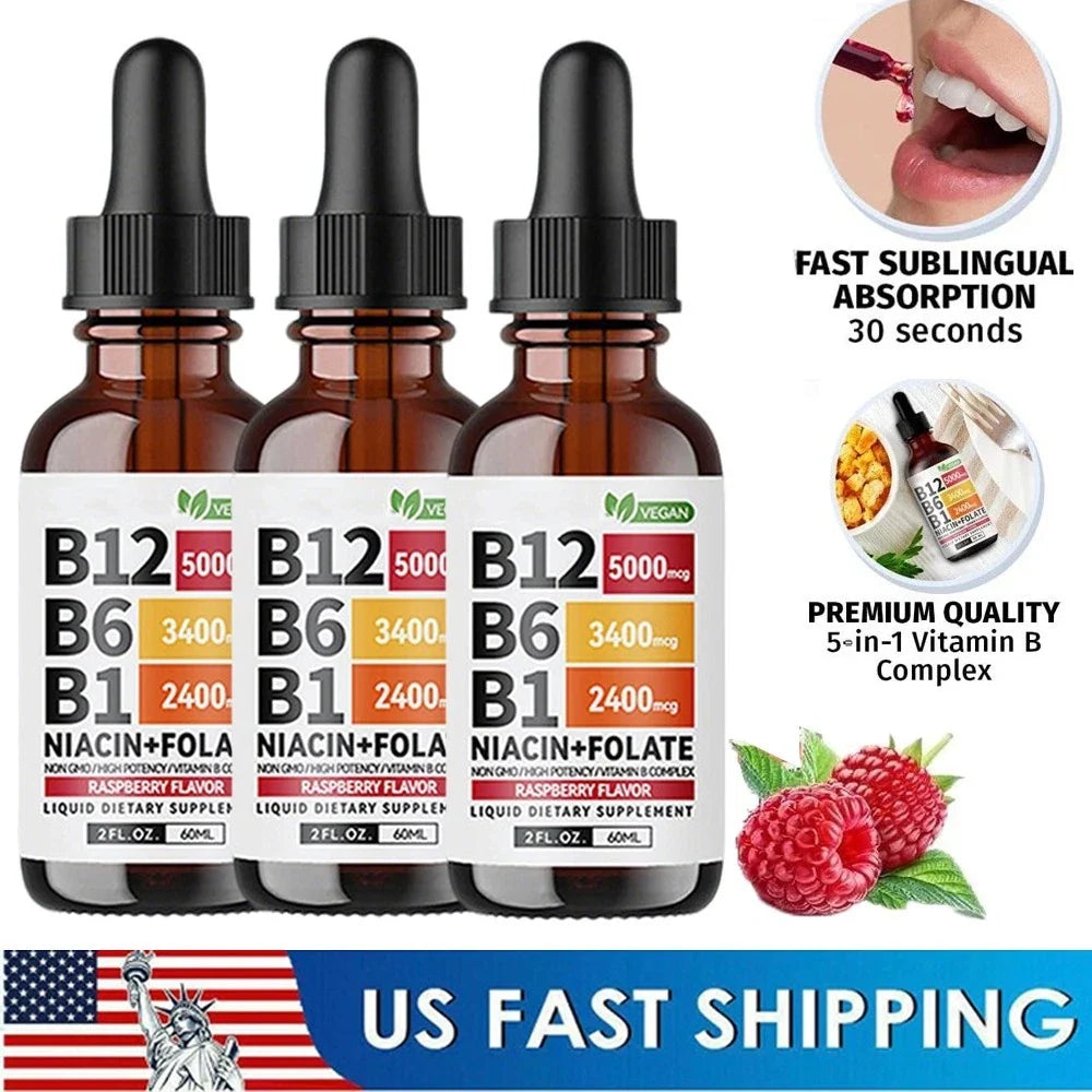 5- IN-1 Vitamin B Complex B12 Sublingual Liquid Drops B6 B1 + Niacin & Folate US