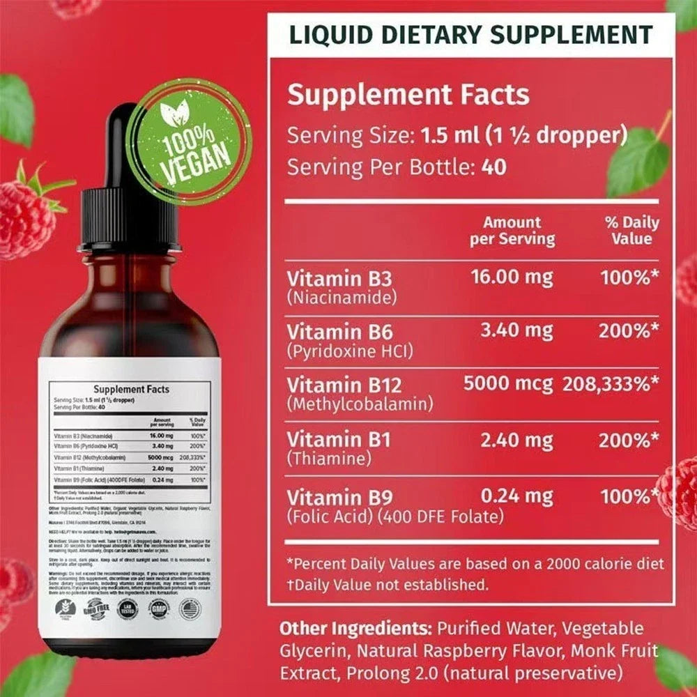 5- IN-1 Vitamin B Complex B12 Sublingual Liquid Drops B6 B1 + Niacin & Folate US