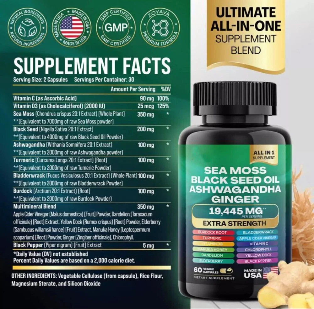 Sea Moss, Black Seed Oil, Ashwagandha, Turmeric, Ginger (16 in 1 Multivitamin)
