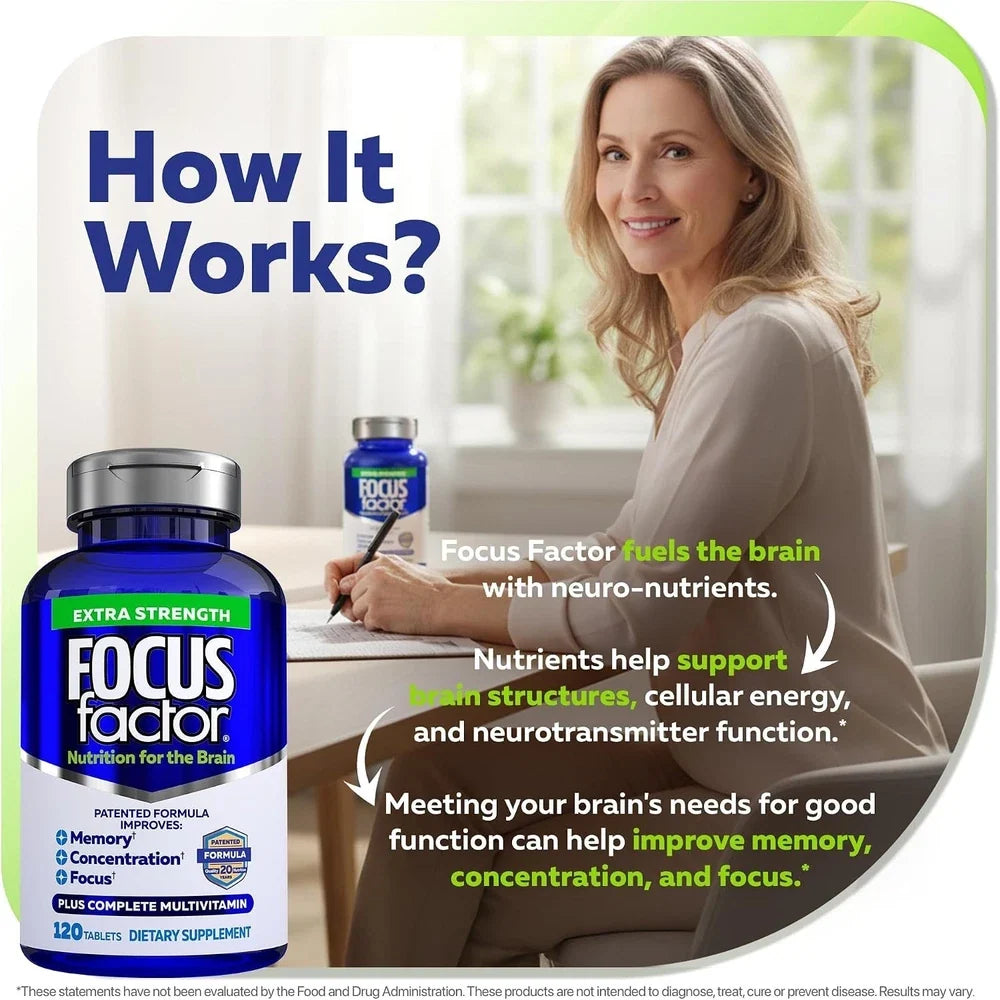Focus Factor Adults Extra Strength, 120 Count - Brain Supplement for Memory, Con