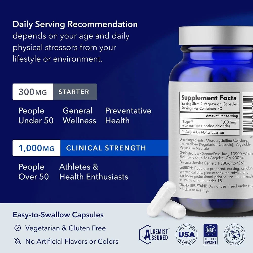 TRU NIAGEN NAD+ Supplement, Nicotinamide Riboside 1000mg, 30 Daily Servings