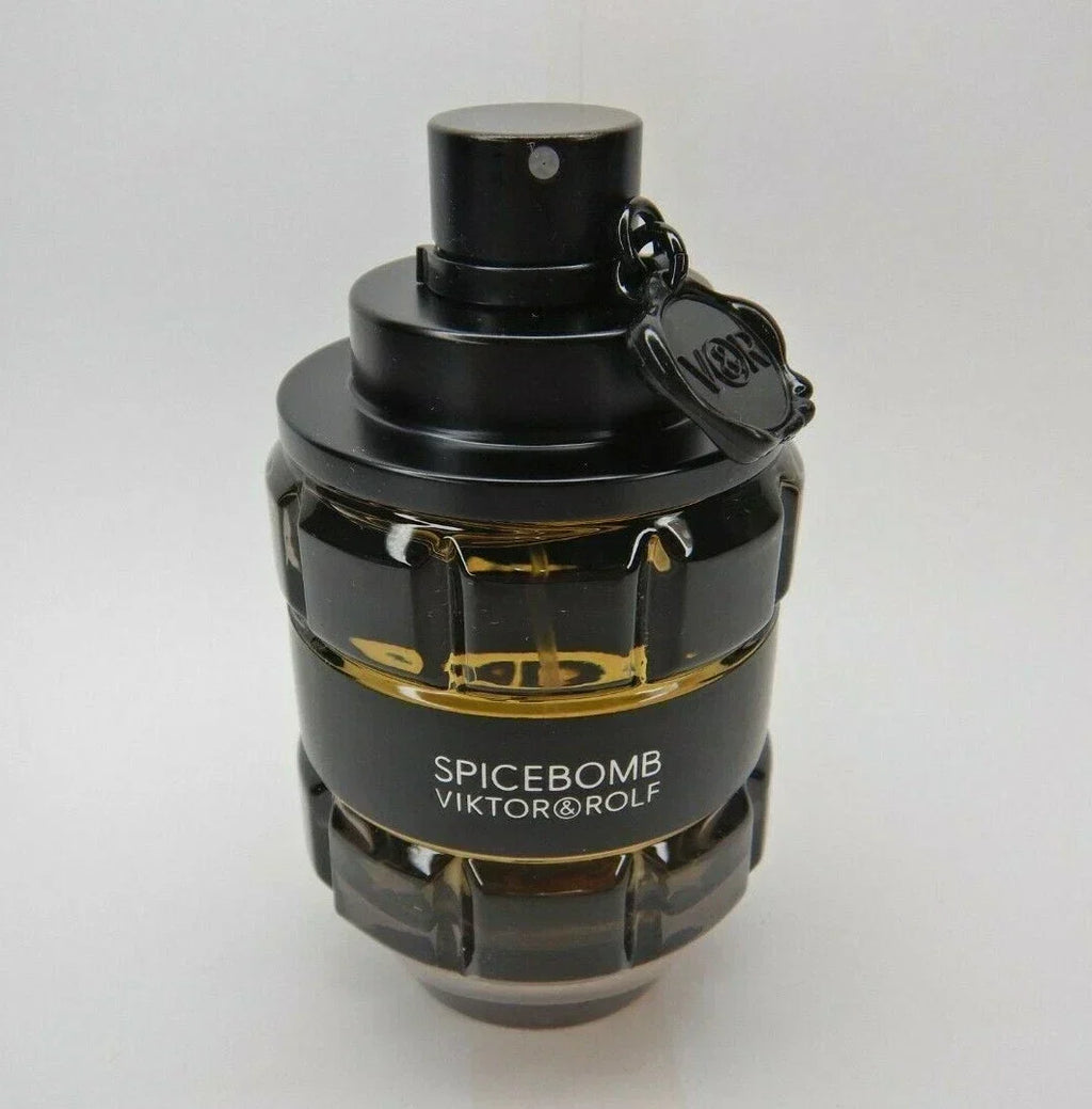 Viktor & Rolf Spicebomb men's fragrance bottle, 3 oz / 90 ml, with bold, luxurious packaging and logo on a neutral background.