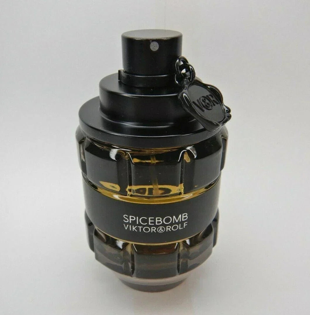 Viktor & Rolf Spicebomb men's fragrance bottle, 3 oz / 90 ml, with bold, luxurious packaging and logo on a neutral background.