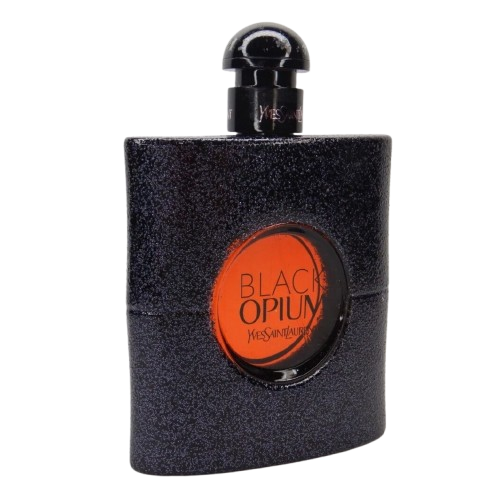 Yves Saint Laurent Black Opium perfume bottle for women, 3 oz, with a sleek black design and gold accents, on a neutral background