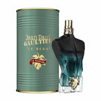 Hub Wavy Jean Paul Gaultier Le Beau Le men's fragrance bottle in black and silver, featuring a sleek design on a white background.