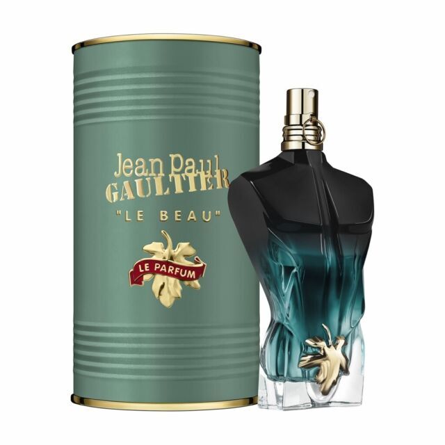 Hub Wavy Jean Paul Gaultier Le Beau Le men's fragrance bottle in black and silver, featuring a sleek design on a white background.