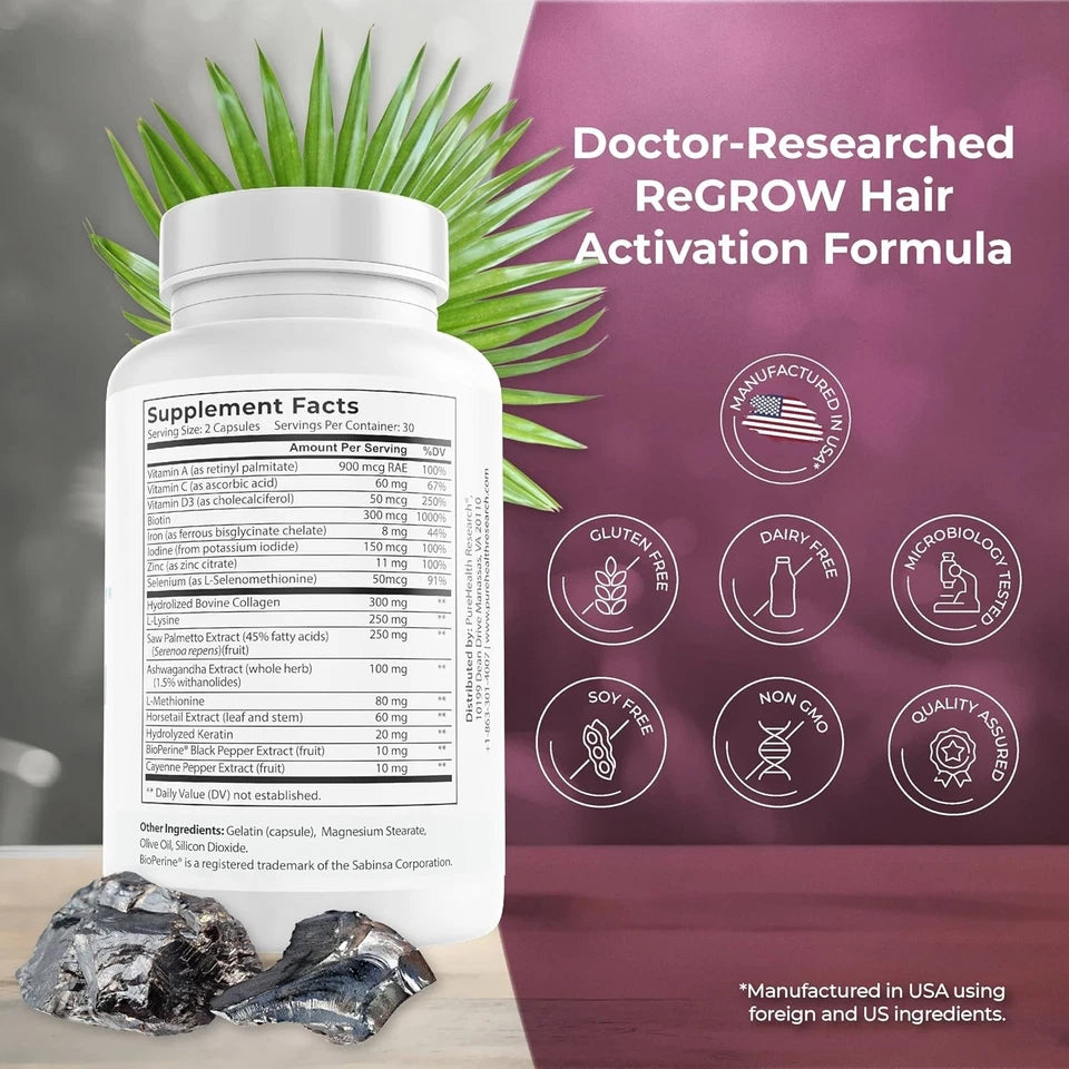 PUREHEALTH RESEARCH ReGrow Hair Growth Supplement with Biotin, Saw Palmetto & Vitamin C, 60 Capsules